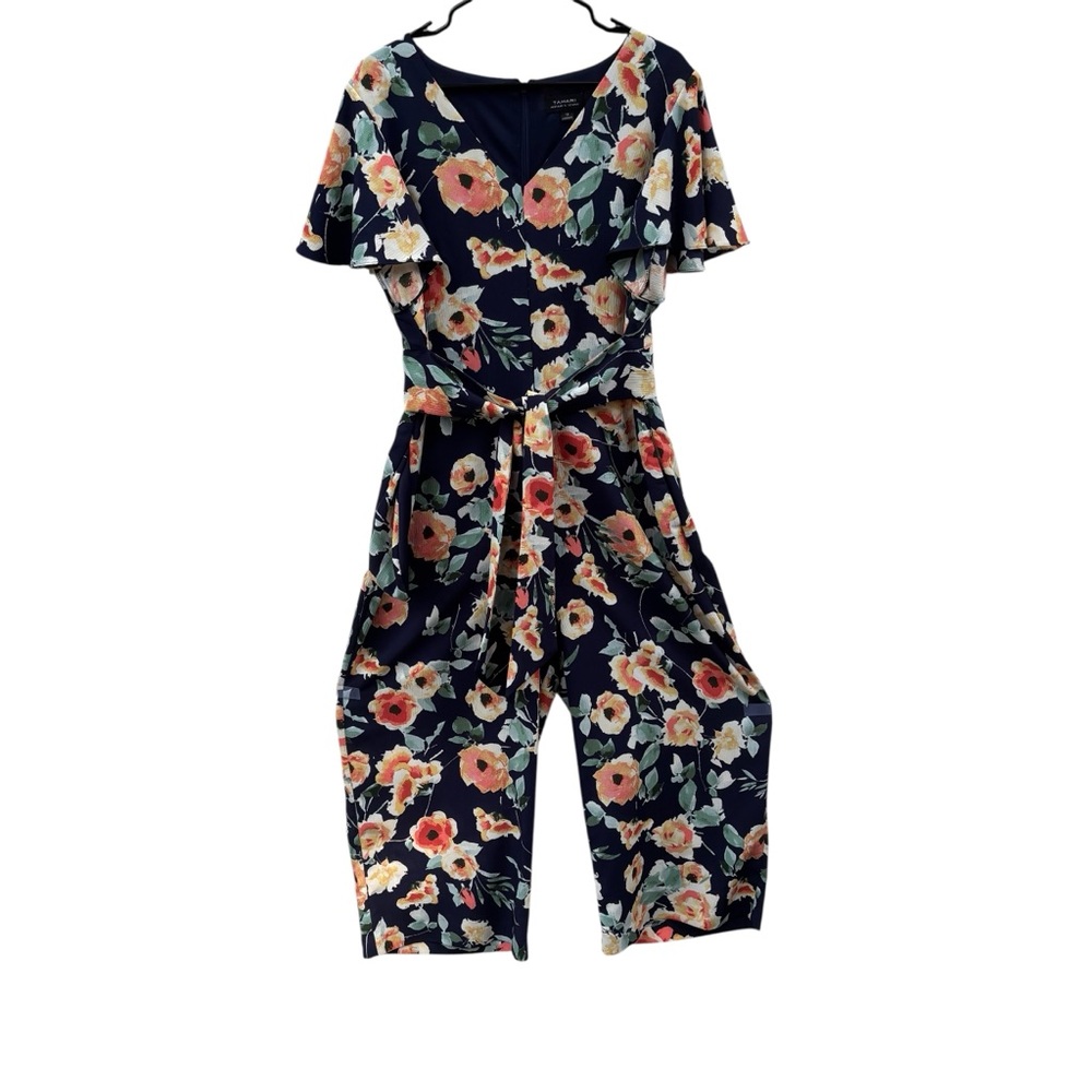 Tahari Navy Floral Jumpsuit with Flutter Sleeves and Tie Waist - Size 16